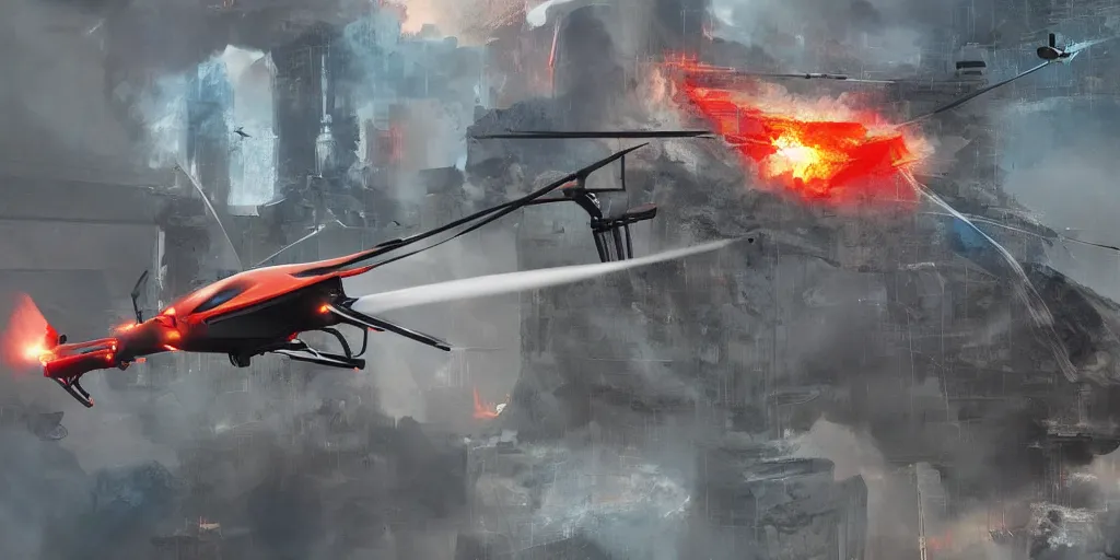 Prompt: futuristic drone putting out a fire with water, digital art, matte painting, artstation, concept art