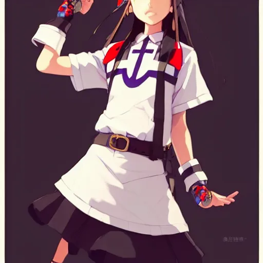 Image similar to a beautiful! boyish! natalie portman model, wearing catholic school girl outfit with mayan pattern and native style, aztec street fashion, guilty gear art direction, perfect face, gapmoe yandere grimdark, trending on pixiv fanbox, painted by greg rutkowski makoto shinkai takashi takeuchi studio ghibli, akihiko yoshida