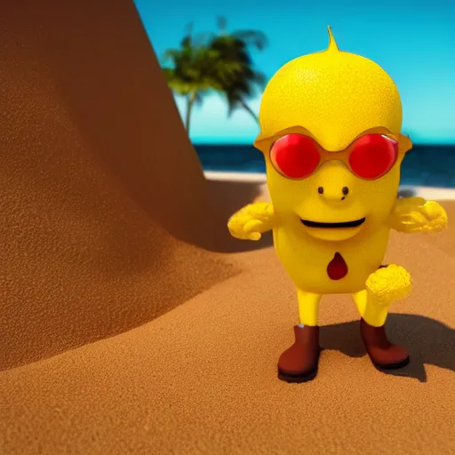 Image similar to 3 d render, of anthropomorphic lemon character with an angry look on his face, he is wearing a hat, relaxing on the beach at sunset, beach, waves, sun, rim light, cinematic photography, professional, sand, sandcastle, volumetric lightening