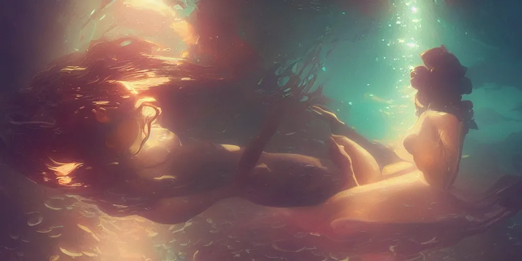 Image similar to dream woman of color astronaut, underwater in the ocean at night, atmospheric, volumetric lighting, glowing lights, 4k, octane, digital painting, artstation, concept art, sharp focus, illustration, art by artgerm and greg rutkowski and alphonse mucha