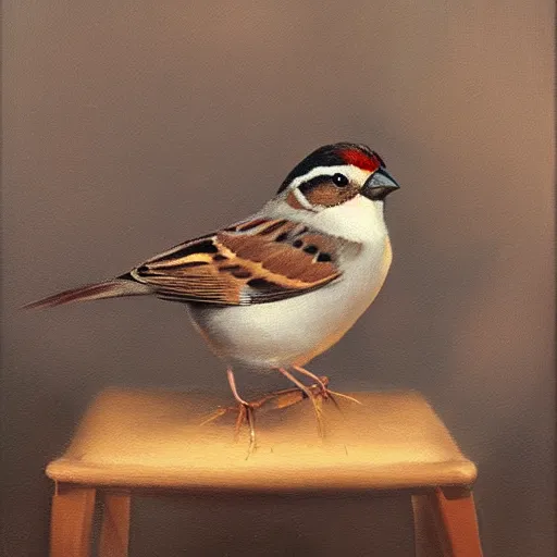 Image similar to an oil paiting of a sparrow perched on a chair, highly detailed, oleo, artstation, sharp focus, by diego velazquez