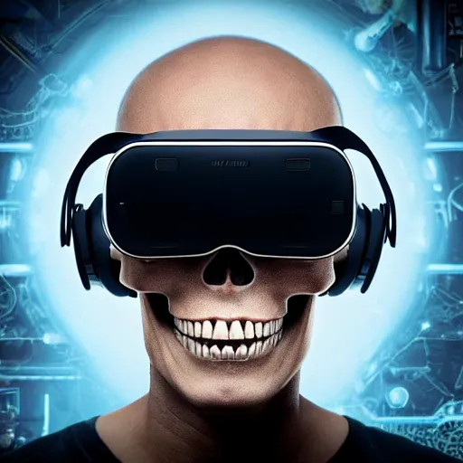 Image similar to a skull with a vr headset in a cyberpunk aesthetic, 4 k, with the word pixel written on the headset