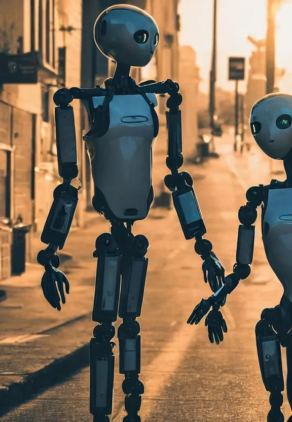 Image similar to a calming photograph of a slender, humanoid robot caresses a beautiful woman in the face, large shot, wide shot, in a street, sunset photo