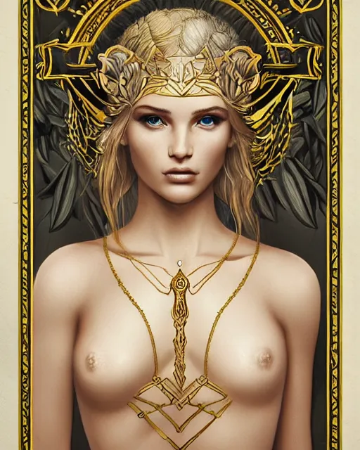 Image similar to tattoo design sketch of cute beautiful blonde super model as aphrodite greek goddess wearing a gold laurel wreath and triangle earrings, beautiful piercing gaze with sharp pupils, in the style of greg rutkowski, fantasy, amazing detail, epic, elegant, smooth, sharp focus, front view