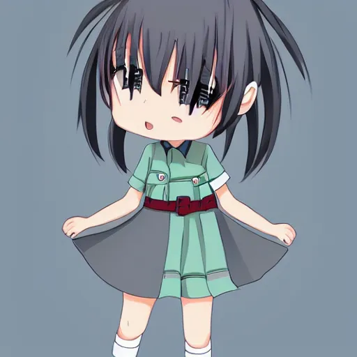 Prompt: little girl in anime style with short grey hair wearing a potato sack as dress