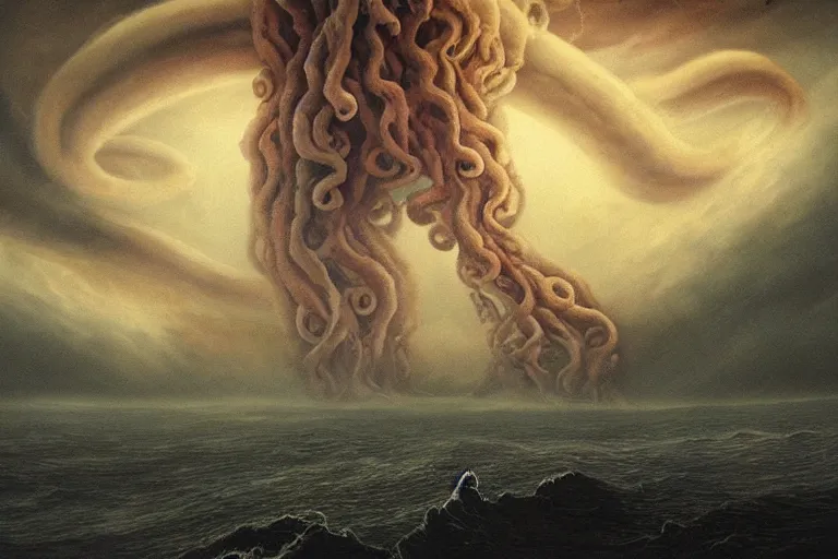 Prompt: giant tentacles descending from the clouds. End of the world.