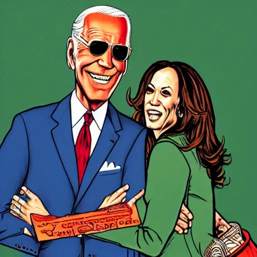 Image similar to The Artwork of R. Crumb and his Cheap Suit - Joe Biden and Kamala Harris, pencil and colored marker artwork, trailer-trash lifestyle