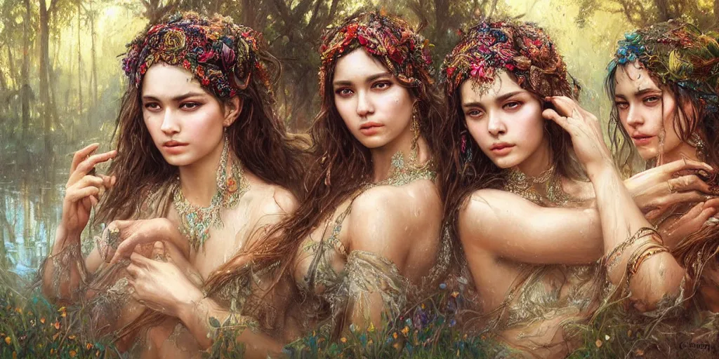 Image similar to a portrait of a group of female gypsies bathing in a forest lake by karol bak and jia ruan, beautiful detailed eyes, photorealistic, fantasy, intricate, elegant, highly detailed, digital painting, 4 k, hdr, concept art, detailed jewelry, smooth, sharp focus, illustration, art by artgerm