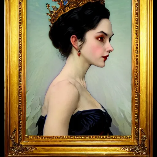 Prompt: portrait of a very beautiful queen vampire, top half of body, crown on head, pensive expression, by Stanley Artgerm Lau, greg rutkowski, thomas kindkade, alphonse mucha, loish, norman rockwell, J. C. Leyendecker. dark black hair, pale skin, detailed eyes, red lips. royalty. Trending on artstation rule of thirds extremely detailed illustration hd 4k