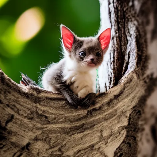 Image similar to a bat kitten, in a tree, Canon EOS R3, telephoto, very detailed, 4k
