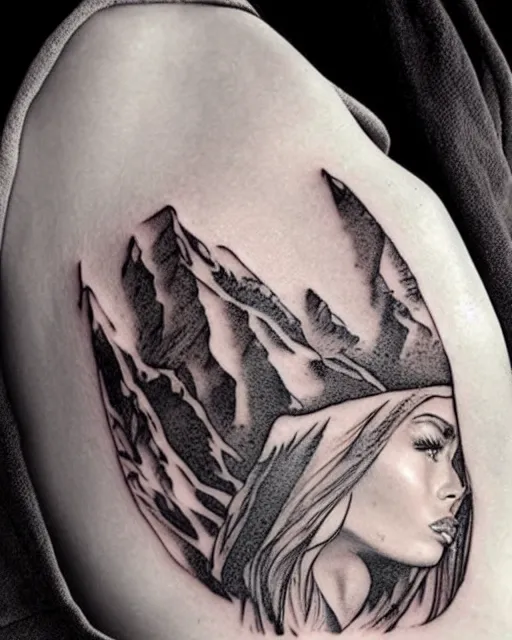 Image similar to double exposure effect tattoo design sketch of megan fox with amazing mountain scenery, realism tattoo, in the style of den yakovlev, amazing detail, sharp