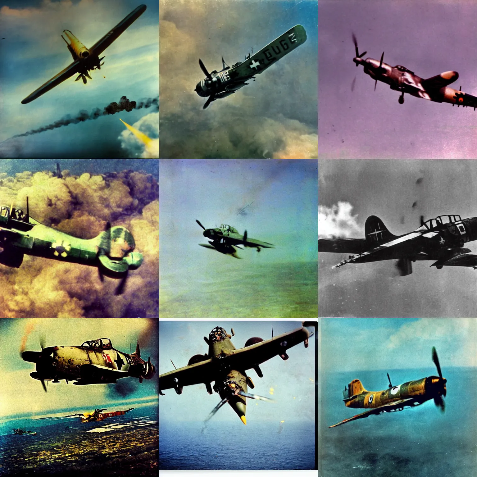 Prompt: ww 2 german stuka dive bomber dropping a bomb while diving, color, reflections, motion blur, atmospheric