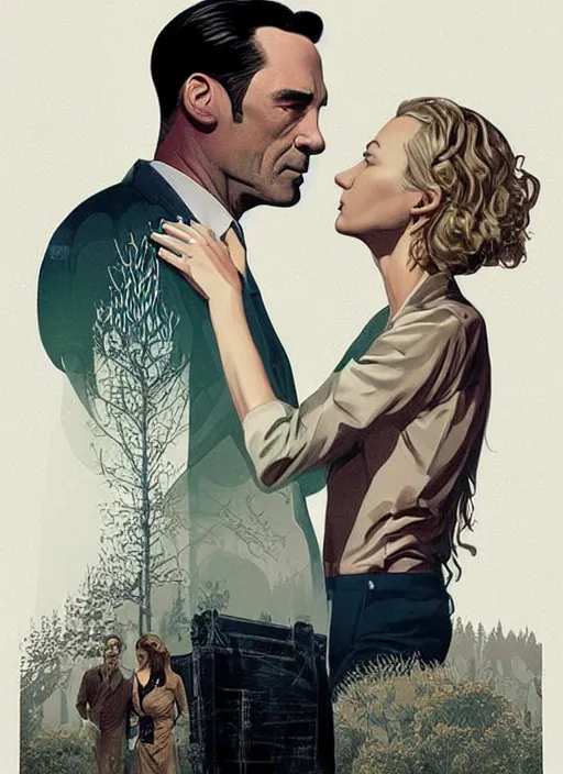 Image similar to poster artwork by Michael Whelan and Tomer Hanuka, Karol Bak of Naomi Watts & Jon Hamm husband & wife portrait, in the pose of The Notebook poster, from scene from Twin Peaks, clean, simple illustration, nostalgic, domestic, full of details