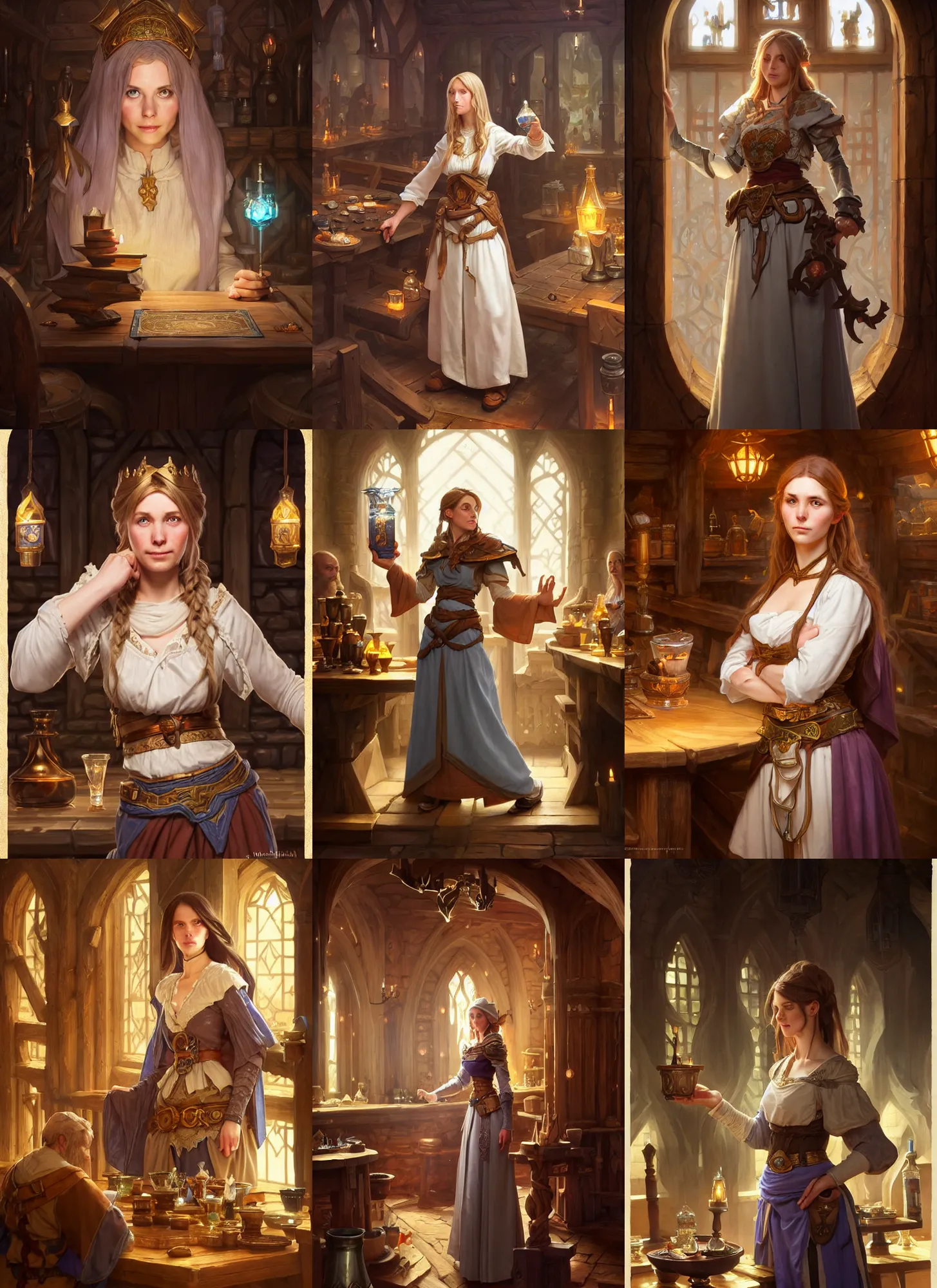 Prompt: full body photograph of a lucine beck the cleric in a tavern, deep focus, intricate, elegant, highly detailed, digital painting, artstation, concept art, matte, sharp focus, illustration, d & d, fantasy, hearthstone, art by artgerm and greg rutkowski and alphonse mucha