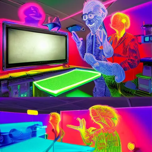 Image similar to 3D Dr. Suess environment in a blacklight laboratory with a scientist experimenting with box TVs and rainbows. beautiful lighting. highly detailed digital art. trending on Behance.