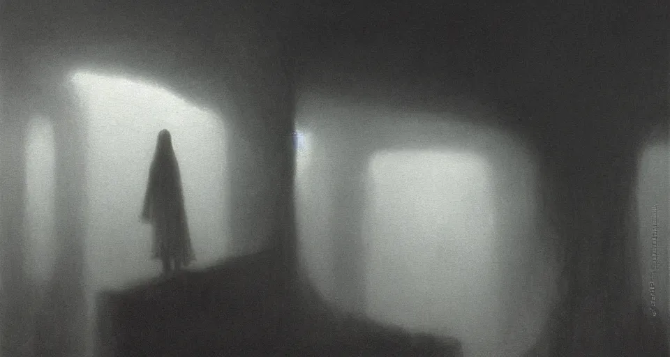 Prompt: she peers into the abyss, and sees the abyss looking back at her, dramatic lighting, smooth, sharp details, intricate, sad and powerful painting by beksinski and john harris and greg rutkowski