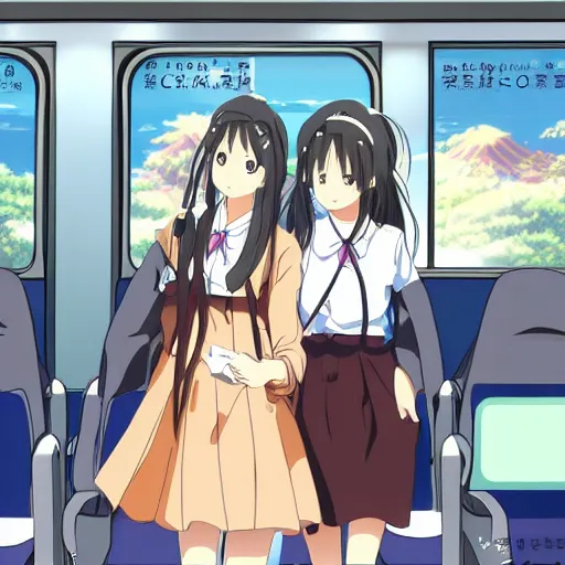 Prompt: Two Japanese high school girls going home on a train, by Kyoto Animation