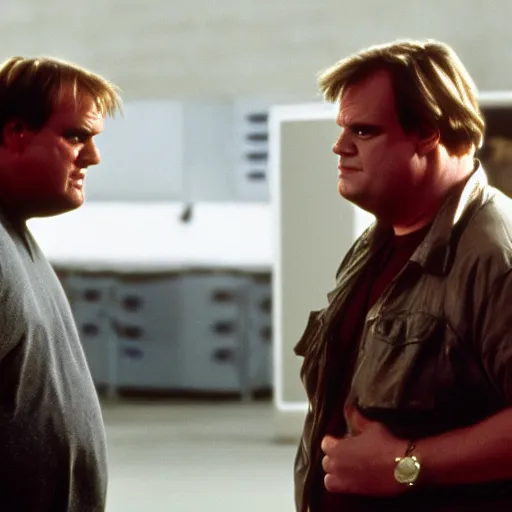 Image similar to chris farley starring in the terminator movie, movie still, 8 k