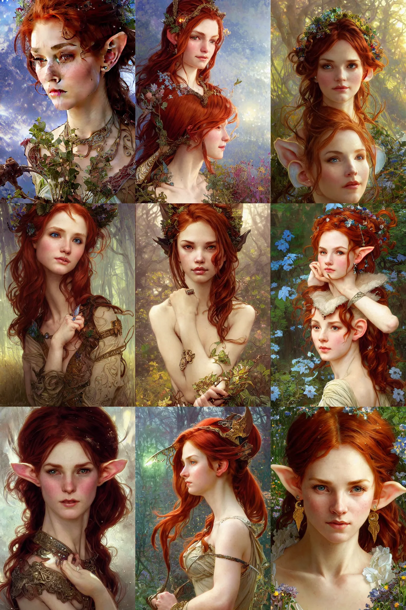 Prompt: crisp portrait of beautiful high-fantasy elf girl (redhead), intricate details, highly detailed face and ears, stunning lighting, by Stanley Artgerm Lau, by greg rutkowski, by thomas kindkade, by alphonse mucha, loish, by norman rockwell J.