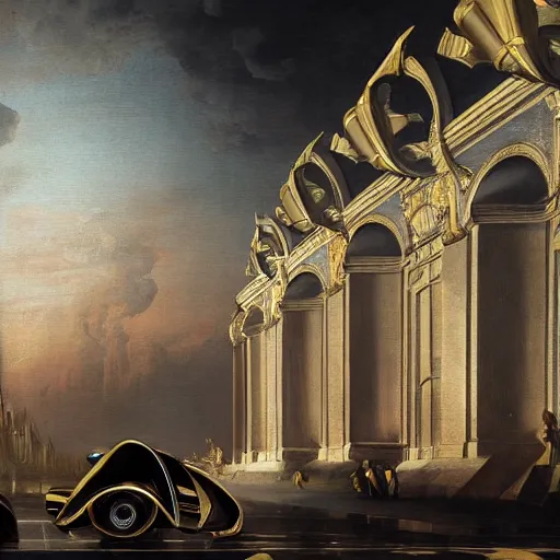 Prompt: sci-fi car dynamic organic forms structure car and wall structure in middle of the coronation of napoleon painting by Jacques-Louis David black ceramic material shiny gloss water reflections search pinterest keyshot product render 4k