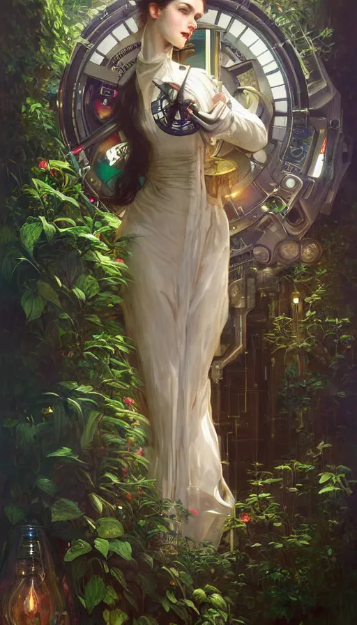 Image similar to hyper realistic time machine schematics, cyberpunk, design on white background, beautiful details, lush foliage, drawn by john singer sargent, tom bagshaw, norman rockwell, alphonso mucha, lolish, trending on artstation