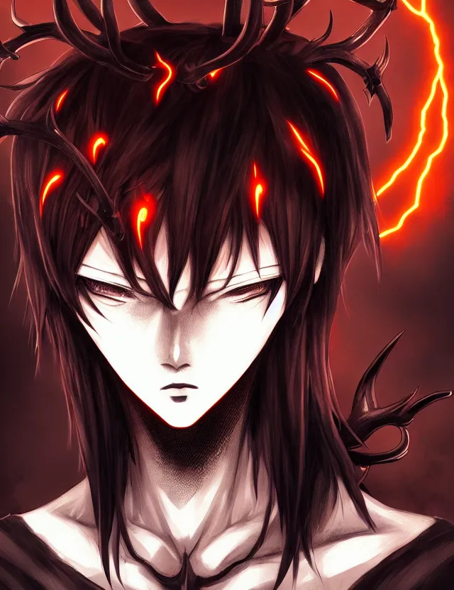 Image similar to a detailed manga portrait of a pitch black demon boy with dark antlers and crimson hair and glowing orange eyes, trending on artstation, digital art, 4 k resolution, detailed, high quality, sharp focus, hq artwork, coherent, insane detail, character portrait