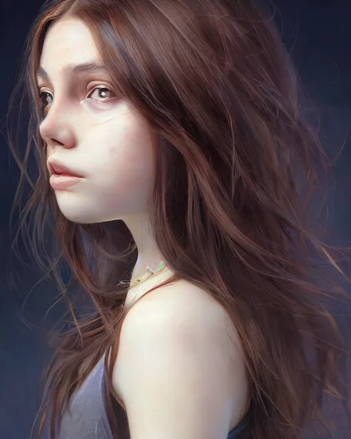 Image similar to portrait of 1 5 - year old girl with lush frizzy untamable brown hair, large front teeth, and bright piercing brown eyes, hyper realistic face, beautiful eyes, character art, art by artgerm lau and wlop and and ilya kuvshinov and john singer sargent, hyperdetailed, cryengine, trending on artstation, wizard, digital art