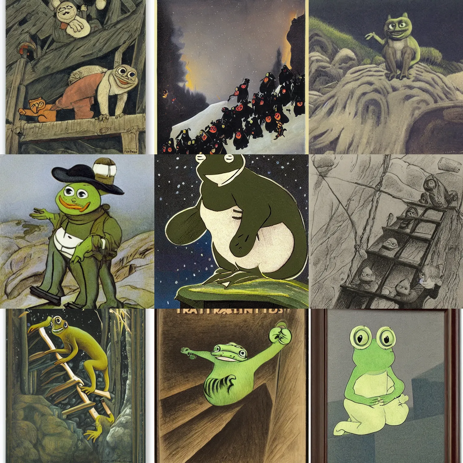 Prompt: pesta i trappen by theodor severin kittelsen, pepe the frog