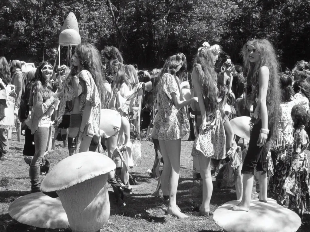 Image similar to 70s photo of beautiful hippy girl at hippy festival talking to a giant mushroom