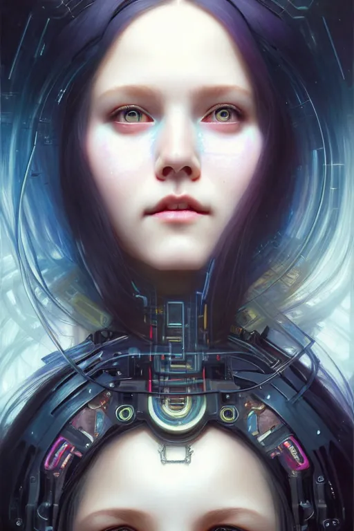 Image similar to portrait painting of olivia hye loona cyberpunk netrunner smiling, ultra realistic, concept art, intricate details, eerie, highly detailed, photorealistic, octane render, 8 k, unreal engine. art by artgerm and greg rutkowski and magali villeneuve and alphonse mucha