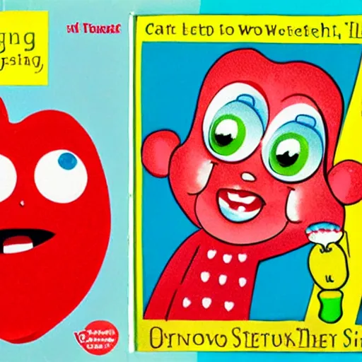 Image similar to a cartoon strawberry with big eyes, arms and legs and only two front teeth, drooling, holding a bright yellow tooth brush, in the style of little golden books