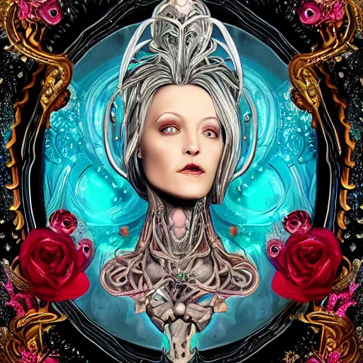 Image similar to blonde girl in a cosmic dress, full-body tattoos, ornate, rococo, grotesque, zbrush art, majestic, organics, silver filigree, colorful, dark fantasy, celtic knot, anatomical, h r giger style, moebius, frank frazetta, ornate, art nouveau, symmetrical, turquoise jewelry, red smoke, roses, unbiased render, rotten, Emil melmoth, eerie, macabre, haunting + insanely detailed and intricate, floral, faded pink, hypermaximalist, elegant, vintage, hyper realistic, super detailed, pastel colors,