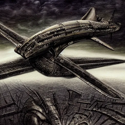 Image similar to illustration of a plane flying in the style of H. R. Giger, realistic painting, high definition, digital art, matte painting, very detailed, realistic