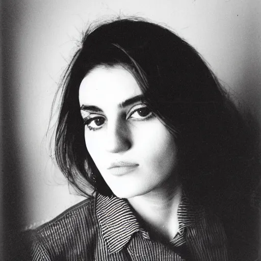 Image similar to old film photo of an atractive cool alternative bosnian woman in her early 20s. beautiful face. She has dark brown hair, dark thick eyebrows, brown eyes and shoulder long hair.