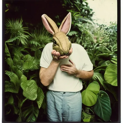 Image similar to grainy head to shoulder portrait Polaroid film photograph of a 1950's man wearing a rabbit mask in a tropical greenhouse. looking at the camera!!. super resolution. Extremely detailed. Polaroid 600 film. by Annie Leibovitz and Richard Avedon