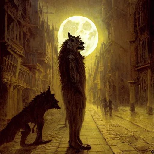 Image similar to a creepy demonic old man stands in the middle of a medieval street and turns into a werewolf under a full moon, painting by gaston bussiere, craig mullins, j. c. leyendecker, 4 k, 8 k, trending on artstation, artstationhd, artstationhq, highest detail