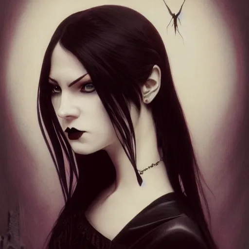 Image similar to perfectly - centered - portrait - photograph of evil gothic emo vampire, the perfect human female specimen, intricate, elegant, super highly detailed, professional digital painting, artstation, concept art, smooth, sharp focus, no blur, no dof, extreme illustration, unreal engine 5, 8 k, art by artgerm and greg rutkowski and alphonse mucha loish and wlop