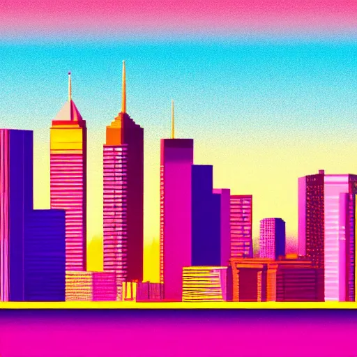 Prompt: a north american city at sunset, 1 9 9 0 s, skyline, bright sky with orange / pink undertones, in the style of hiroshi nagai, detailed