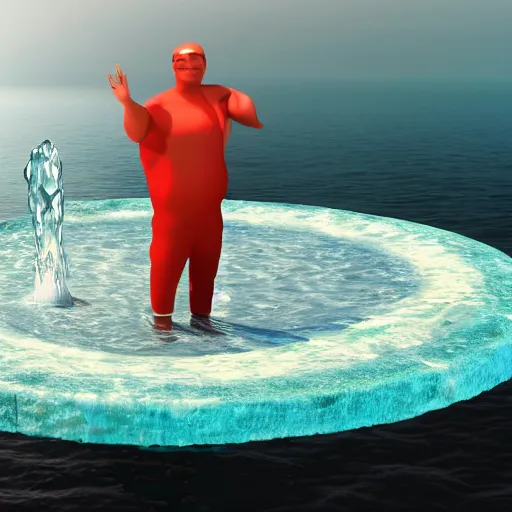 Image similar to 3d render of the most powerful person on earth with water super powers, Standing on a small round island, floating in the ocean, high detail,