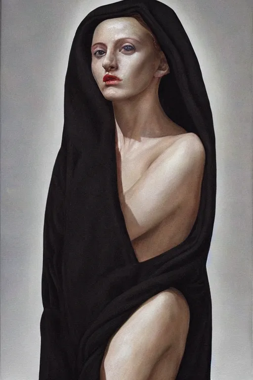 Prompt: hyperrealism mixed with classicism, oil painting, close - up portrait of fashion model, abstract and surrealism painting instead of head, fully clothes in black reflect robe, complete darkness, in style of classicism mixed with 8 0 s sci - fi hyperrealism
