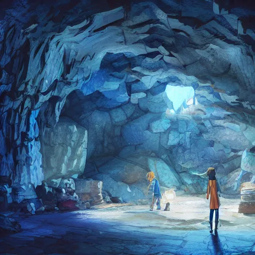 Prompt: concept art painting of inside a historic mine mineshaft cave with blue crystals, realistic, detailed, cel shaded, in the style of makoto shinkai and greg rutkowski and james gurney