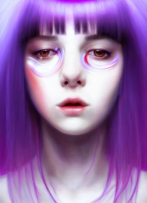 Image similar to hair whitebangs hair, black hair, whitebangs, portrait of teenage girl with white bangs, red irises, purple clothes, white bangs, bangs are different color from hair, intricate, elegant, glowing lights, highly detailed, digital painting, artstation, concept art, smooth, sharp focus, illustration, art by wlop, mars ravelo and greg rutkowski