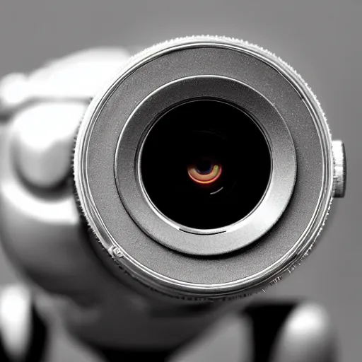 Image similar to cyborg frog with a camera lens as a head, front profile, monochromatic photo