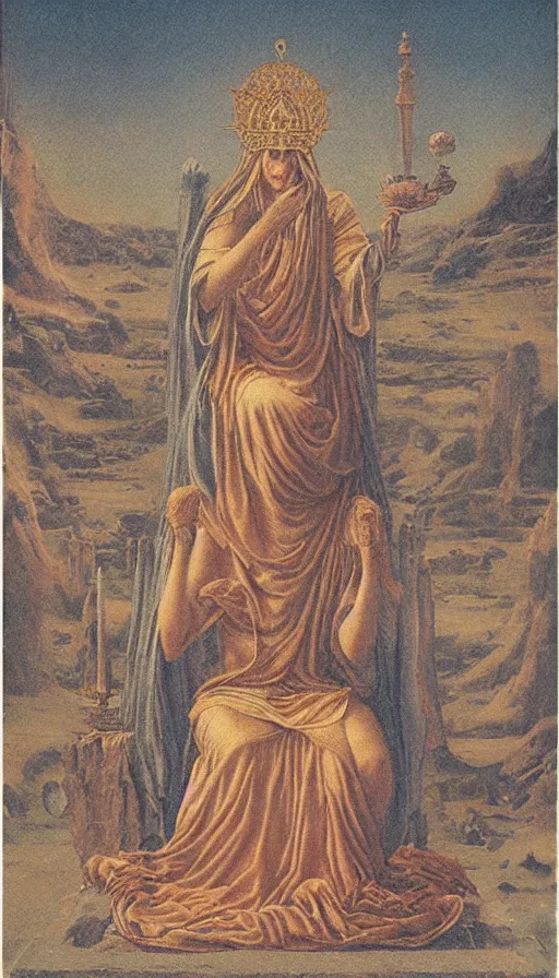 Prompt: the empress, a beautiful woman sitting on a stone throne, fertility, tarot design, ankh symbolism, agostino arrivabene