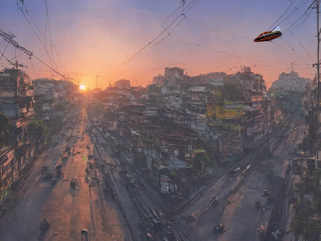 Image similar to streets of kolkata, sunset, airship in the sky over tram, train on road, clear skies in the distance, hyperreal, artstation