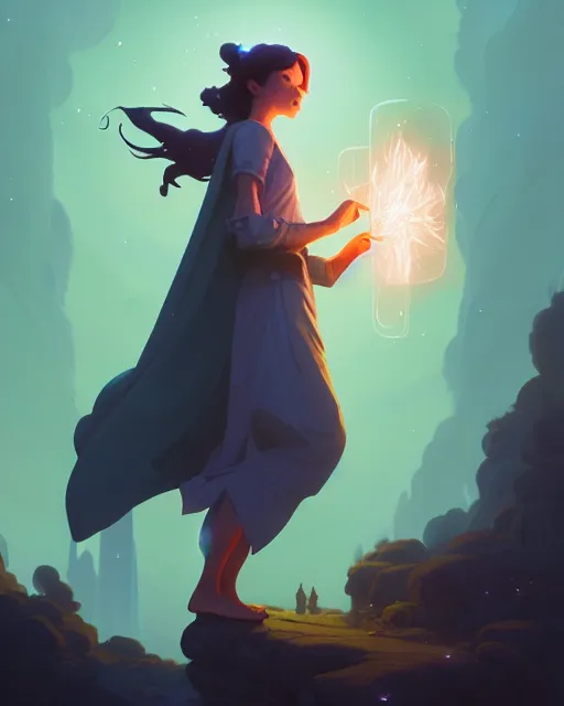 Image similar to highly detailed vfx portrait of a mage casting a light spell, unreal engine, greg rutkowski, loish, rhads, beeple, makoto shinkai and lois van baarle, ilya kuvshinov, rossdraws, tom bagshaw, alphonse mucha, global illumination, detailed and intricate environment