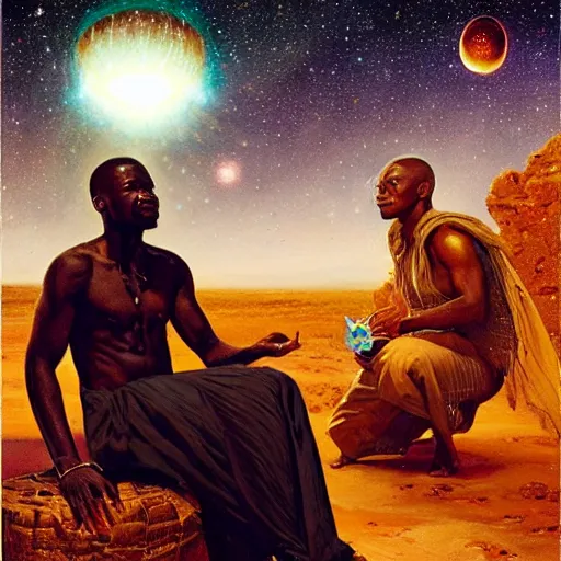 Image similar to an african psychic reading his crystal ball under a meteor shower, greg rutkowski and android jones and amanda sage, oil on canvas, 8k