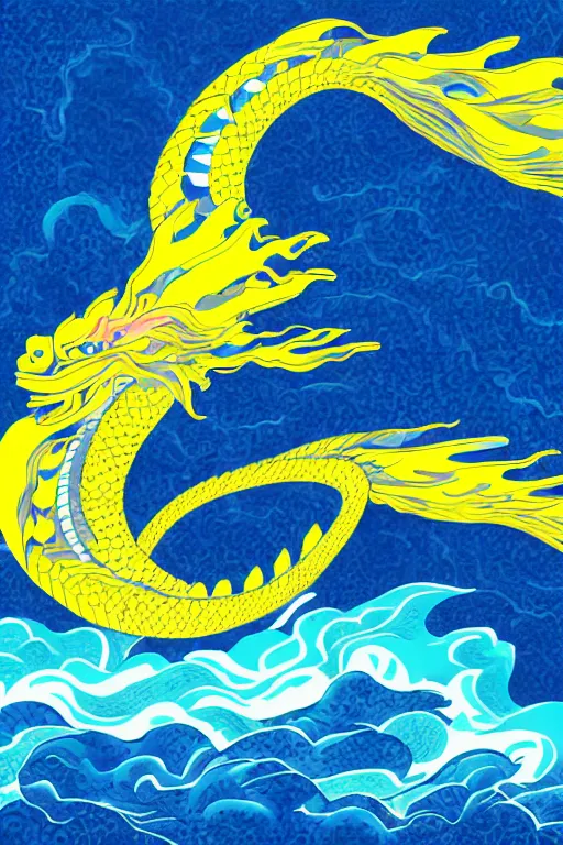 Prompt: Japanese poster art of a Asian dragon in front of a wavy sea during a thunderstorm, adobe illustrator, blue and yellow colour scheme, 4k, abstract design,
