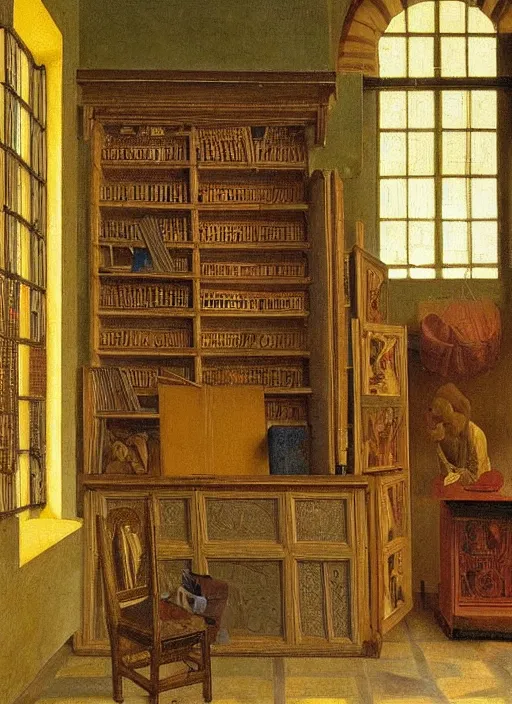 Image similar to bookshelves and drawing materials, paints, brushes, medieval painting by jan van eyck, johannes vermeer, florence