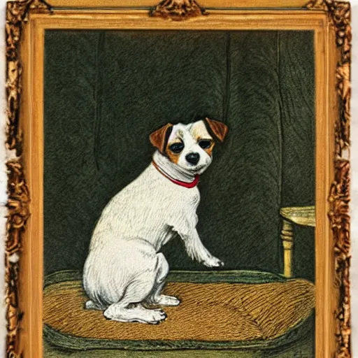 Image similar to portrait of jack russel terrier crying on the dog bed, illustrated by peggy fortnum and beatrix potter and sir john tenniel